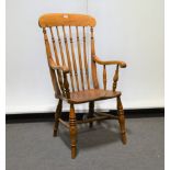 Elm and beech high back kitchen chair, spindle back, open arms, solid seat, width 58cm.