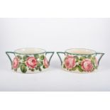 A pair of Wemyss twin handled jardinieres in the cabbage rose design, base 20cm diameter,