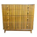 Gordon Russell style sapele chest of drawers, rectangular top with a moulded edge,