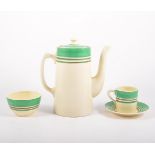 A Clarice Cliff part coffee set, "Bizarre" with a green banded border, coffee pot, sugar bowl,