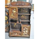 Chinese stained wood shelf, inlaid door panels.