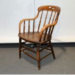 Oak elbow chair, broad cresting, turned spindle back, boarded seat, turned legs and rails,