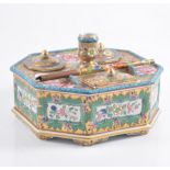 Samson porcelain desk inkstand, the pen a/f, gilt ground in decoration and colour enamels, 19cm.