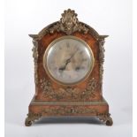 Victorian burr walnut mantel clock, domed case with gilt metal mounts, circular silvered dial,