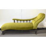 Edwardian walnut chaise longue, square tapering fluted supports, button dralon upholstery,