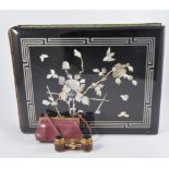 Japanese photograph album, mother of pearl decoration, pair of opera glasses in purse.