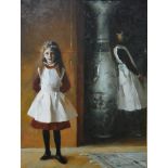 Modern over-painted print on canvas, girls in an interior, 100cm x 74cm, gilt frame.