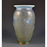 French moulded and part opalescent glass vase, designed with fish, base damage, 23cm.