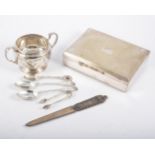 Mappin and Web silver twin handled cup, silver spoons, sugar tongs and silver-plate cigarette case.