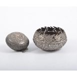 Asian white metal bowl embossed bamboo leaves etc, and a lidded box,