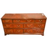 Reproduction mahogany sideboard, rectangular top, with broad cross-banding and boxwood stringing,