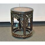 Chinese hardwood stand, circular marble inset top, carved frame, diameter 35cm, height 44cm.