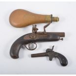 Flintock pistol, a pocket pistol and brass shot flask.