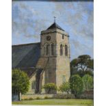 J.E. Dolby, 'St.Peter's Church, Weston Favell', oil on board, signed dated 1984, 24cm x 18cm.
