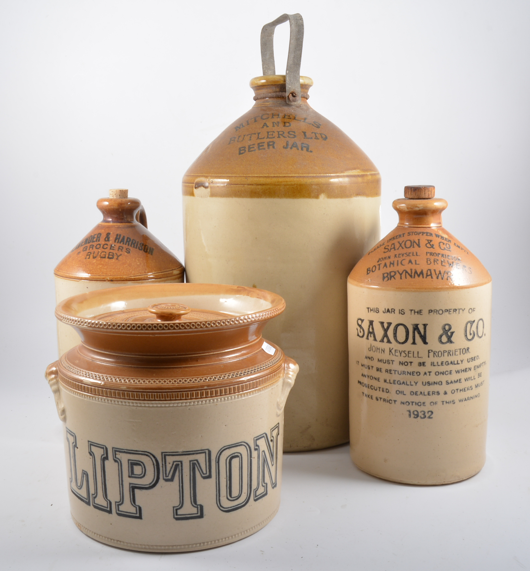 Three stoneware beer flagons, including Mitchells & Butlers Ltd, Saxon & Co,