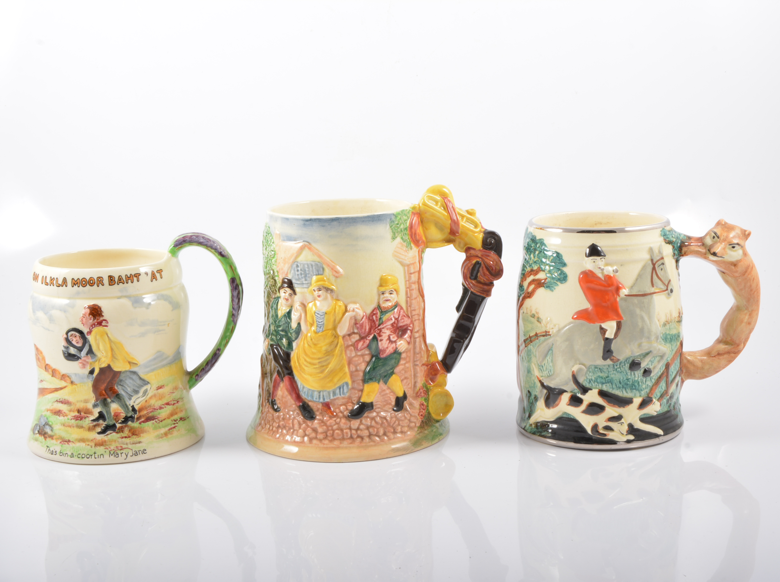 Four Fieldings Crown Devon musical mugs, Floral Dance, 17cm, Killarney, 18cm; John Peel,