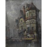 Continental school, unsigned oil on board of buildings by a quay side, 29cm x 22cm,