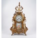 Early 20th Century gilt metal porcelain panel mantel clock,