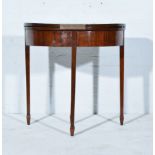 George III style mahogany demi lune card table, fold-over top enclosing baize lined interior,