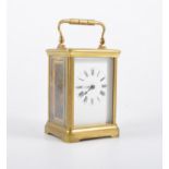 French brass cased carriage clock, rectangular enamelled dial, 15cm.