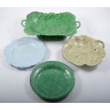 Staffordshire green glaze leaf moulded dessert dish, twin handles,