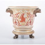 Set of three pottery planters, tapering form, painted with classical panels and scrolls,