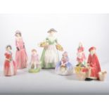 Seven Royal Doulton figurines, "Daffy-Down-Dilly" HN1712, "Maureen", "Diana" HN1986, "Jill" HN2061,