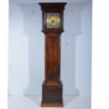 Oak longcase clock, moulded cornice, plain frieze, the hood with three-quarter turned columns,