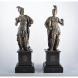 Pair of spelter figures of Roman Warriors, on marble plinths, 45cm.