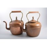 Three copper kettles, another kettle and a Brittania metal spirit kettle on stand,