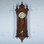 Walnut wall clock, Vienna type, architectural pediment, glazed door,