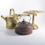Edwardian brass watering can; Victorian copper kettle; brass trivet; and other metal wares.