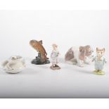 Lladro puppy, Minton Frog, Beswick trout, Beswick Tom cat and a small Meissen style figure, (5).