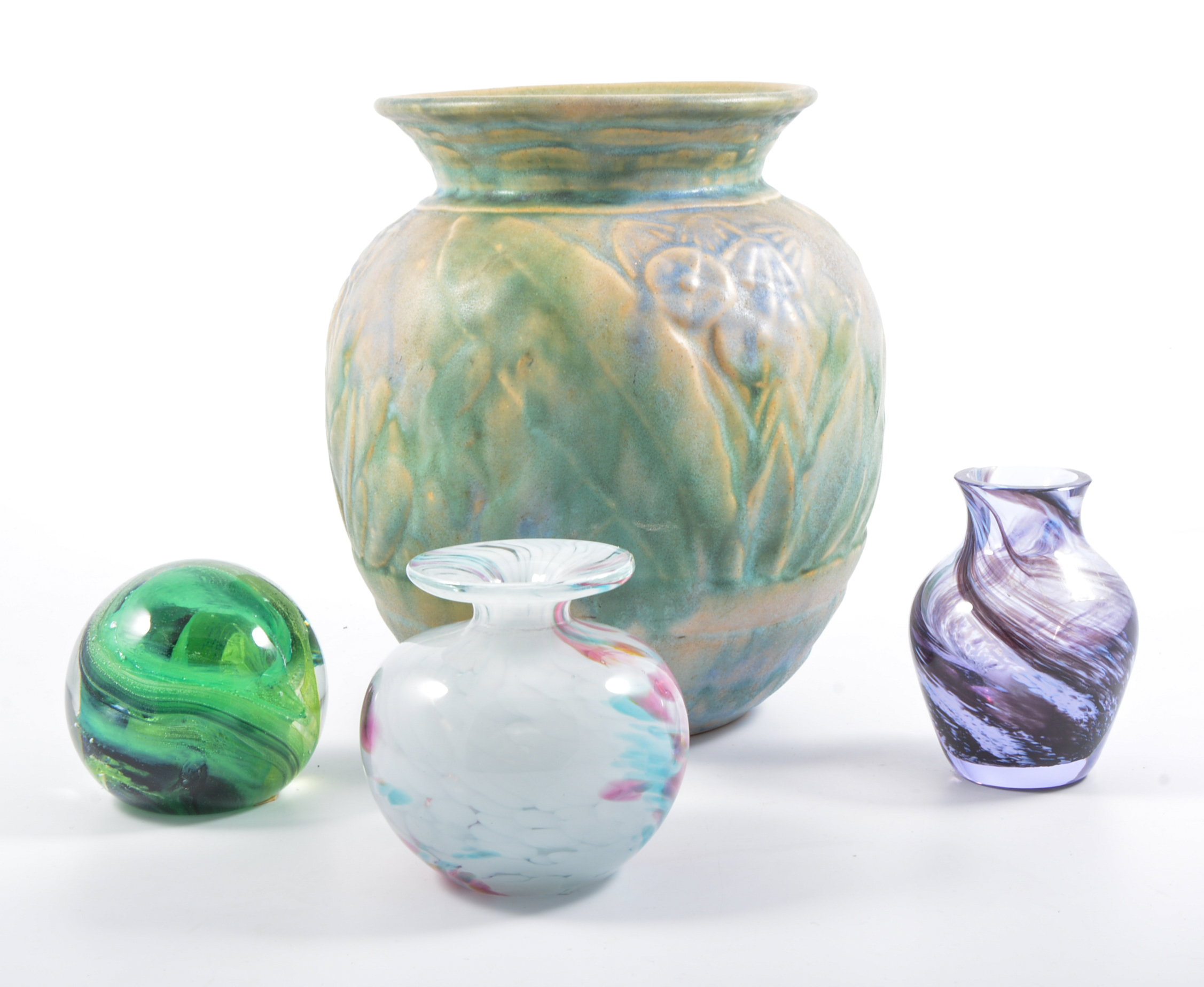 Glass paperweights and vases along with a Denby vase, (7).