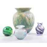 Glass paperweights and vases along with a Denby vase, (7).