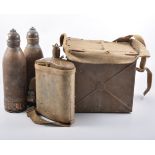 Two British military field signalling boxes, a military issue flask and two shells, (5).