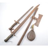 Quantity of predominantly French bayonets and swords, two powder shot flasks, Kris knives, etc,