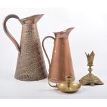 Pair of copper crocodile skin effect jugs, quantity of brass and copper etc, horse brasses,