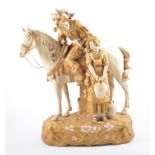 A Royal Dux Cavalier on horseback talking to a water carrier, 40cm high.