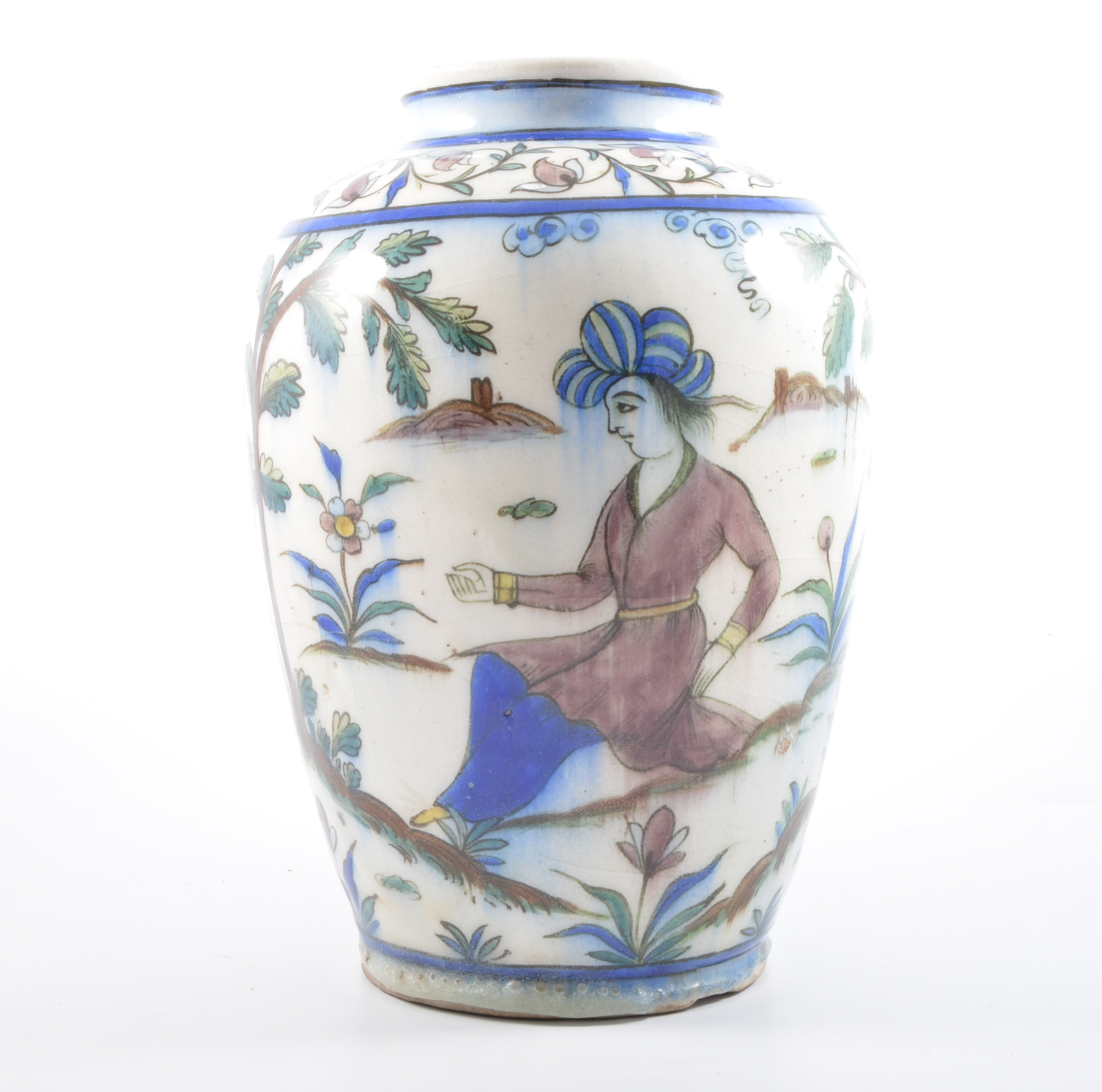 Persian shouldered vase, painted with two figures in colours, 33cm.