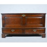 Joined oak mule chest, early 19th century, three panelled hinged lid,