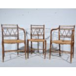 Six simulated bamboo dining chairs, beech frames rush seats,