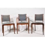 Set of eight dining chairs, mahogany frames, blue stripped upholstered backs and seats,