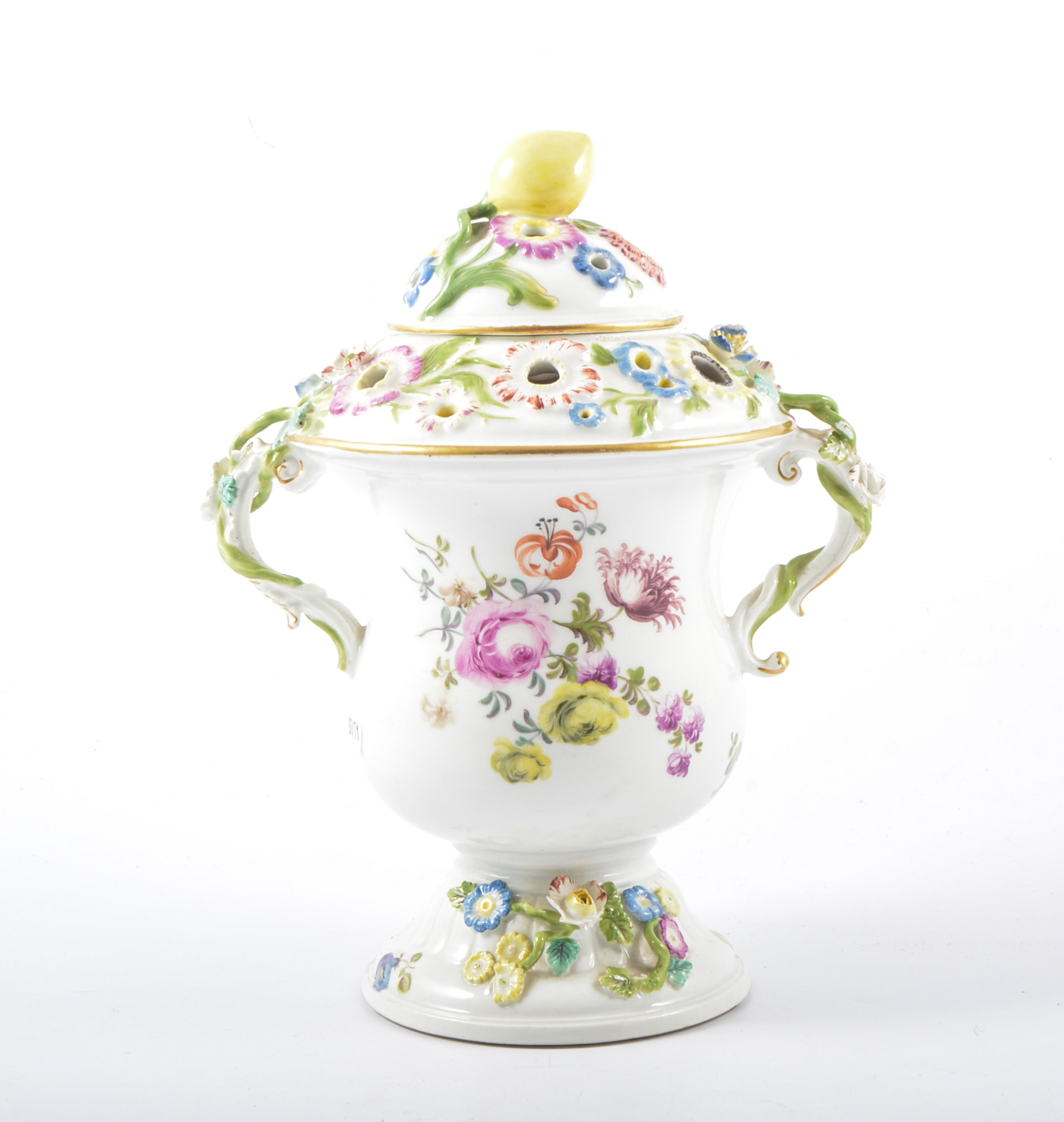 Meissen style pot pourri vase, moulded and pierced cover, twin handles, painted with flowers,