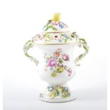 Meissen style pot pourri vase, moulded and pierced cover, twin handles, painted with flowers,