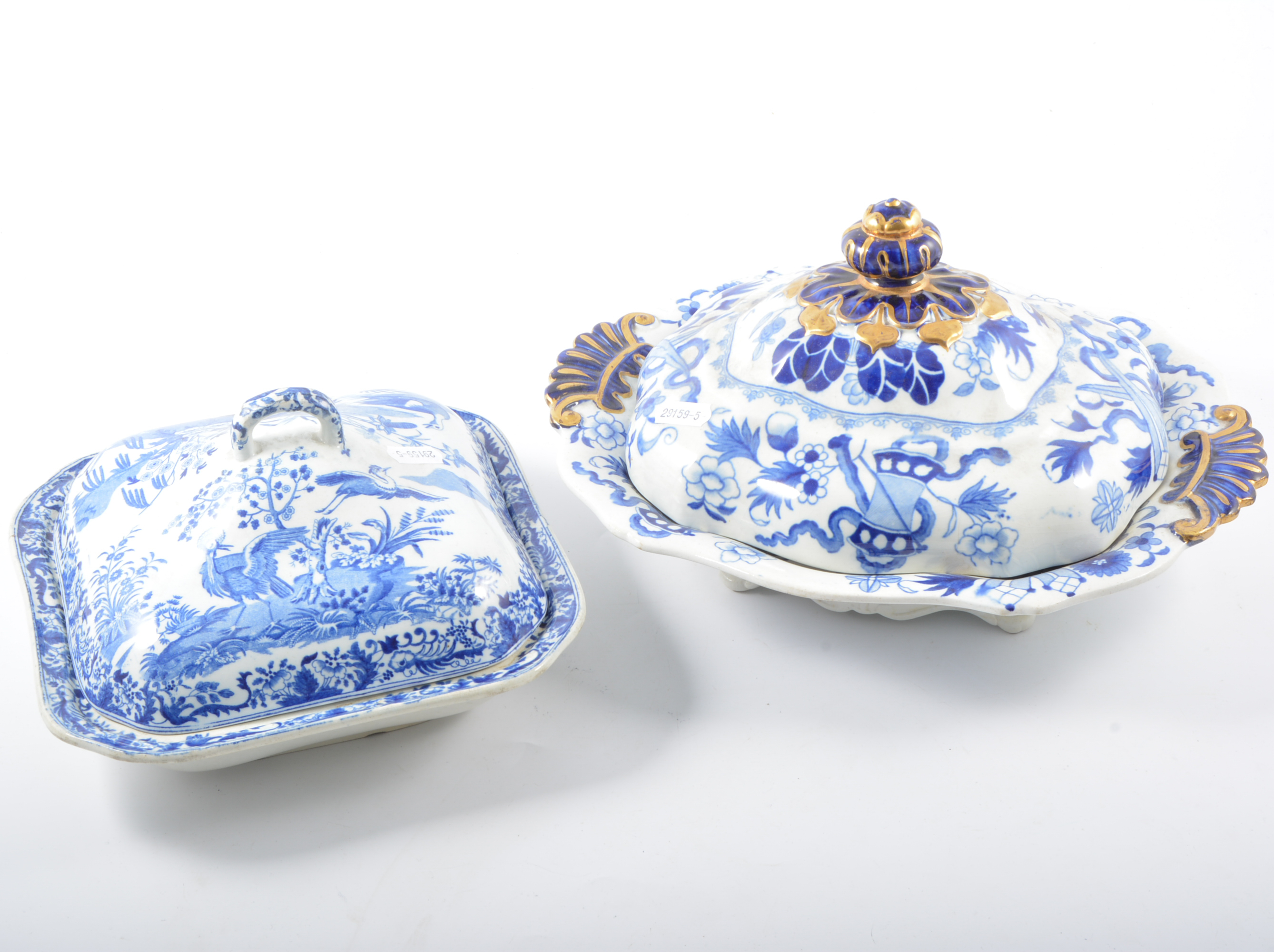 Two ironstone china transfer printed tureens, 31 and 23cm,