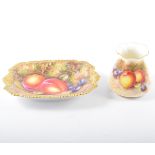 Royal Worcester dish, serpentine gadrooned border with two shell handles, painted with fruit,