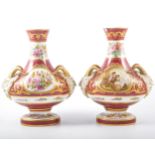 Pair of French porcelain vases, each of compressed oval form with flared rim, ovoid bodies,