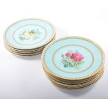 Victorian pottery dessert service, moulded basket weave borders, painted with flowers,