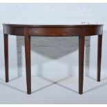 George III mahogany demi lune table, plain frieze, square tapering legs, width 121cm, depth 61cm,